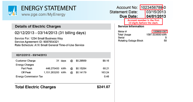mock pge bill showing where find account number