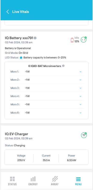 Details for IQ EV Charger on Live Vitals page