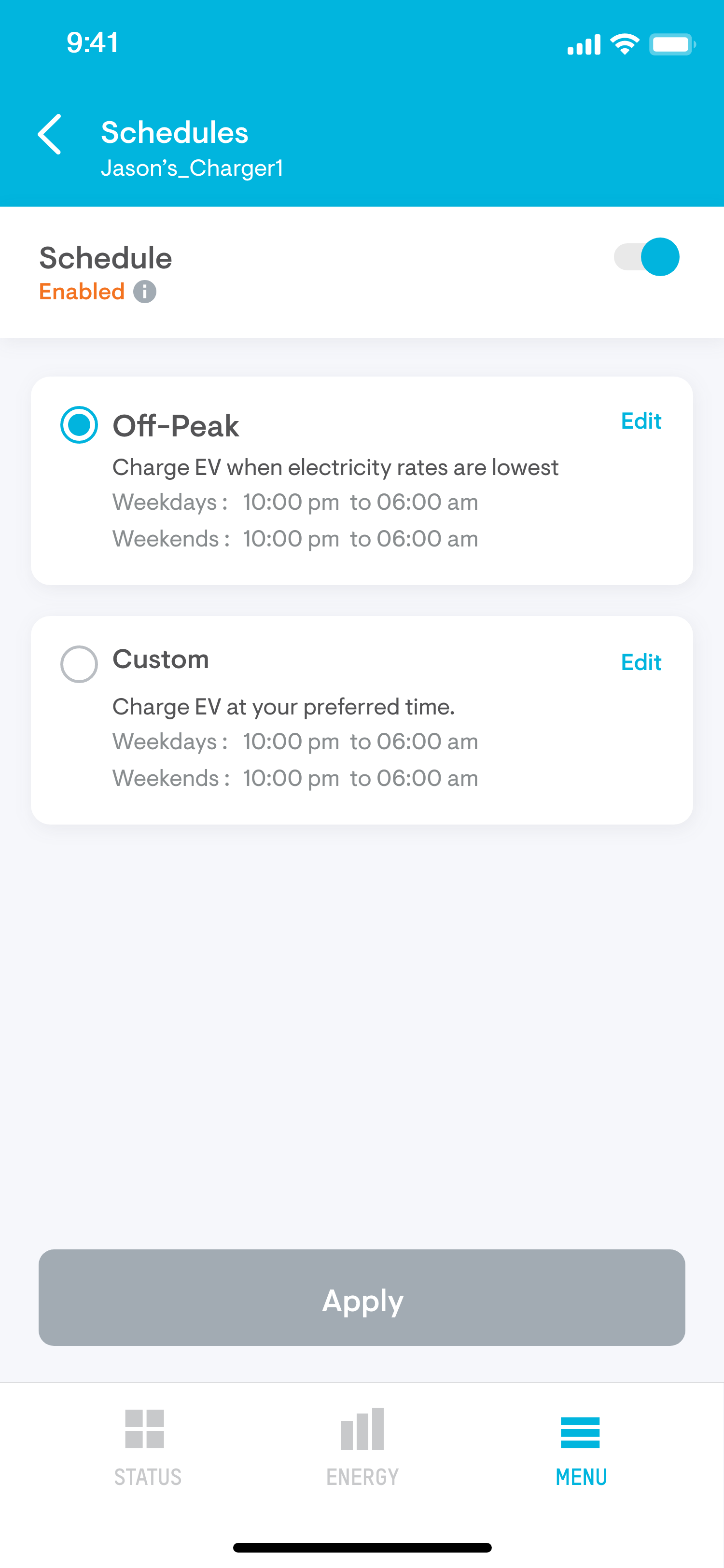 Schedule view of the Enphase Energy App