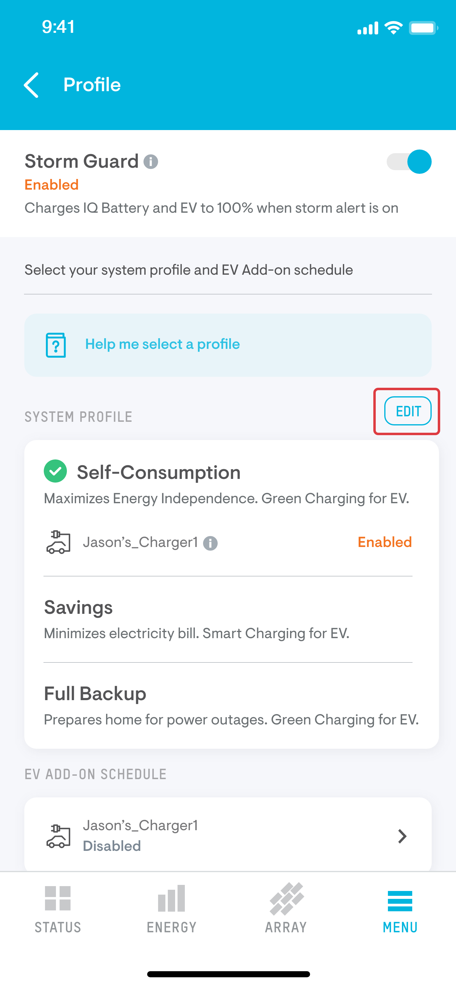 Profile view of the Enphase Energy App
