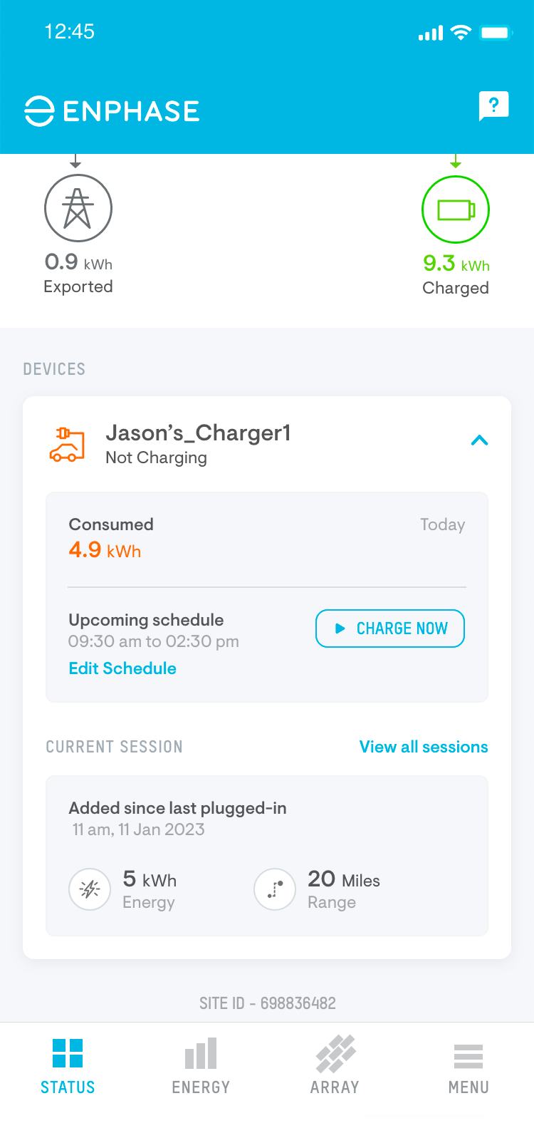 Enphase App main screen EV charger section
