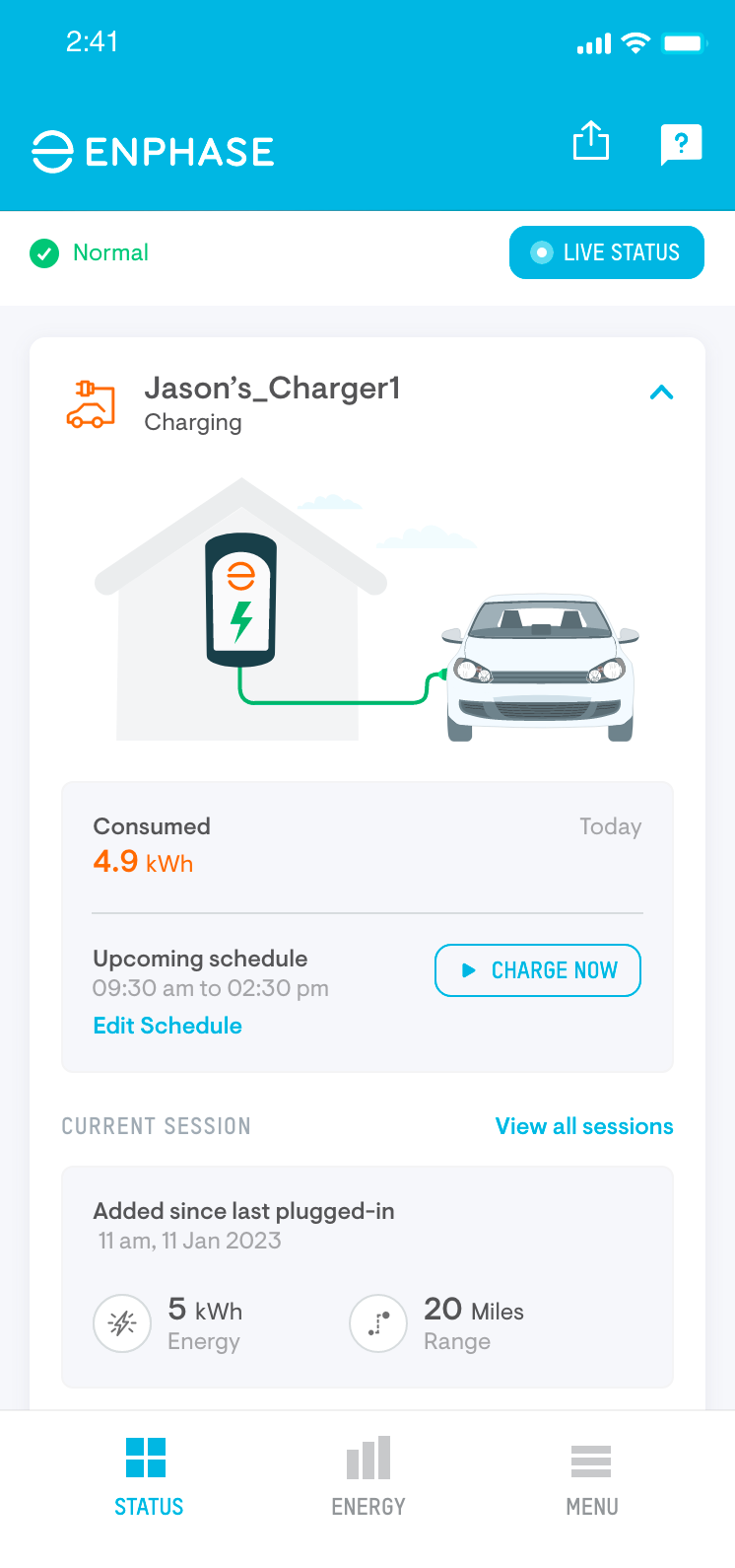 Enphase App main screen EV charger section