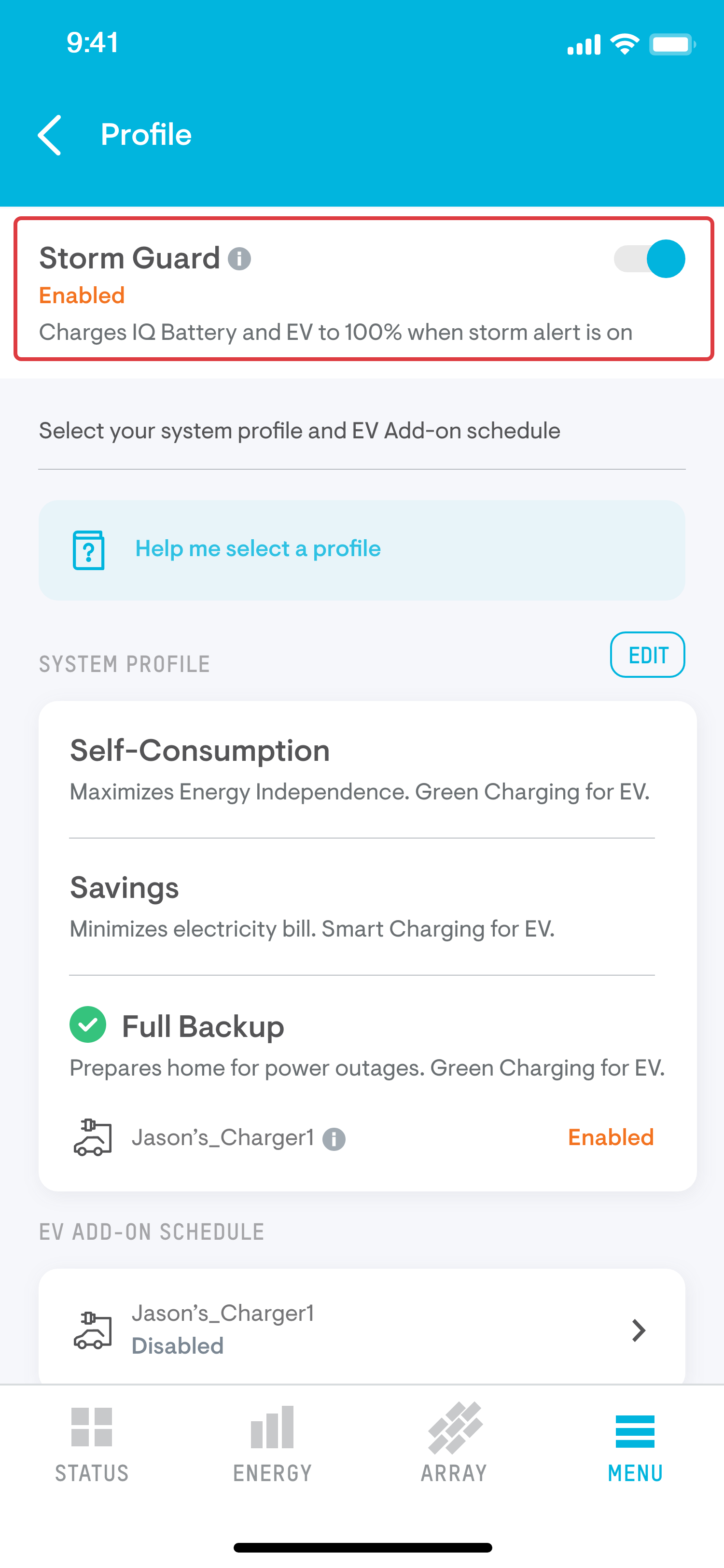 Profile view of the Enphase Energy App - Full Backup