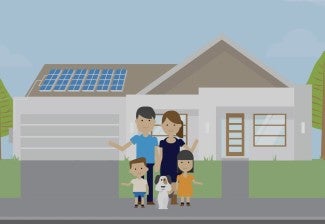 Illustration of a family waving in front of house
