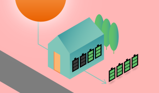 Illustration of house with solar batteries and sun