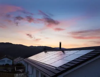 Rooftop solar system at sunset